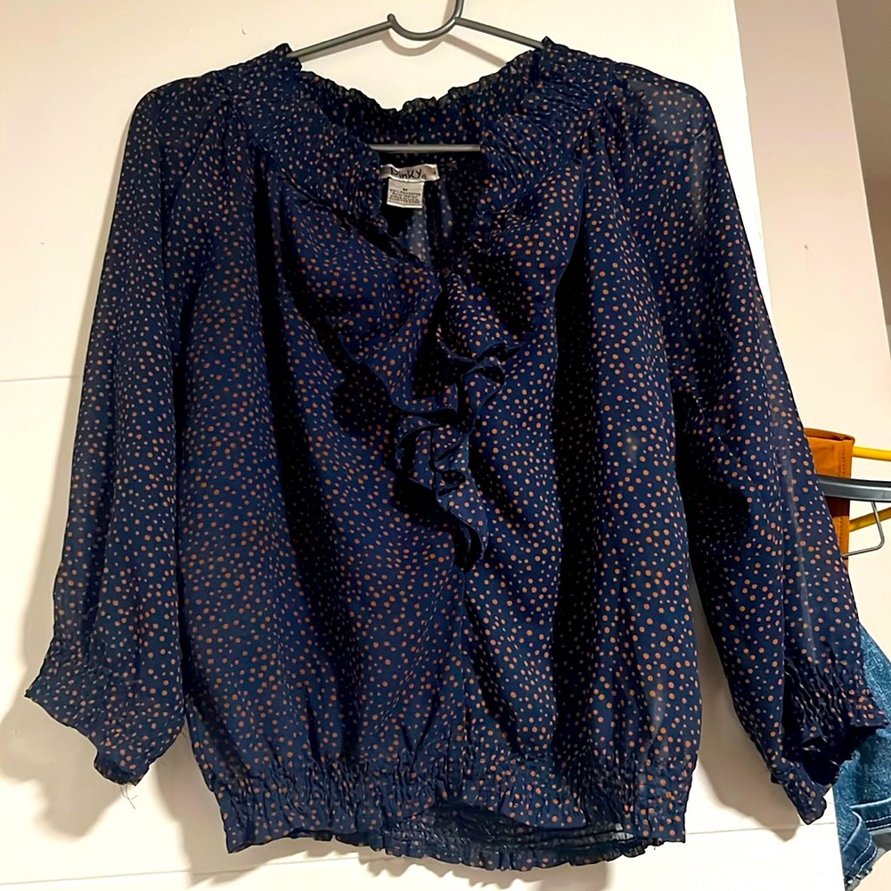 Sheer navy and orange 🍊 polka dot blouse